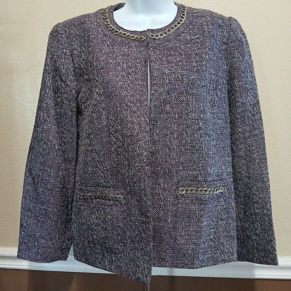Alfred Dunner Petite 8 Tweed Purple Suit Jacket Blazer Silver Chain Detail - Picture 1 of 7